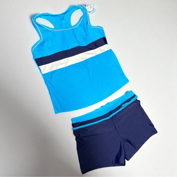 Title: Fun Girls Sport Tankini + Boyshorts, 5XL (14–15Y) Blue Colorblock - Picture 2 of 9